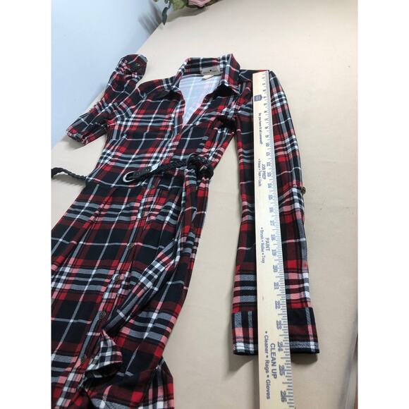 Derek Heart Shirt Dress Women Small Red Black Plaid Long Sleeve Stretch Casual - Picture 9 of 11
